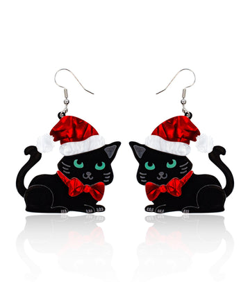 Cat with Santa Hat Earrings Christmas Statement Jewelry for Women - Novelty Art Jewelry