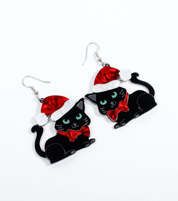 Cat with Santa Hat Earrings Christmas Statement Jewelry for Women - Novelty Art Jewelry