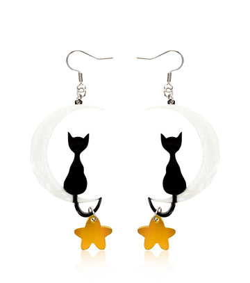 Cat on Moon Earrings Acrylic Resin Halloween Statement Jewelry for Women - Novelty Art Jewelry
