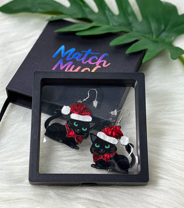 Cat with Santa Hat Earrings Christmas Statement Jewelry for Women - Novelty Art Jewelry