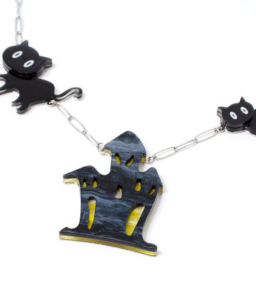 Cat Ghost House Necklace Acrylic Resin Halloween Statement Jewelry for Women - Novelty Art Jewelry