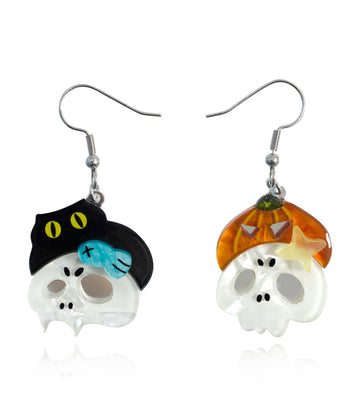 Cat Pumpkin on Ghost Earrings Acrylic Resin Halloween Statement Jewelry for Women - Novelty Art Jewelry