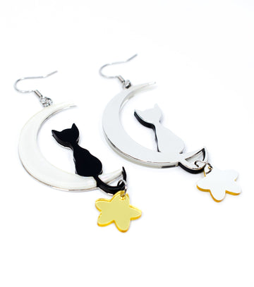 Cat on Moon Earrings Acrylic Resin Halloween Statement Jewelry for Women - Novelty Art Jewelry